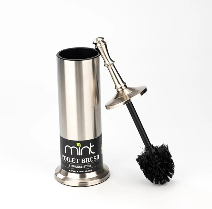 J&V TEXTILES Industrial Toilet Brush, Toilet Bowl Brush with Extra Long Handle Durable Bristles Toilet Scrubber and Covered Holder for Toilet Brush Set (Brished Satin Nickel)