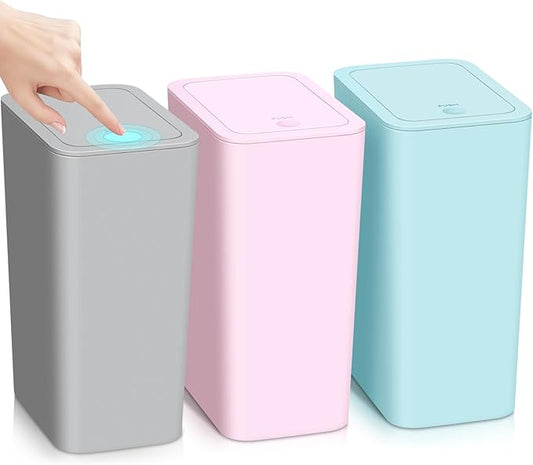 3 Pack 4 Gallon Bathroom Small Trash Can with Lid, 15L Slim Garbage Bin Wastebasket with Pop-Up Lid for Bedroom, Office, Kitchen, Dorm, Fits Under Desk