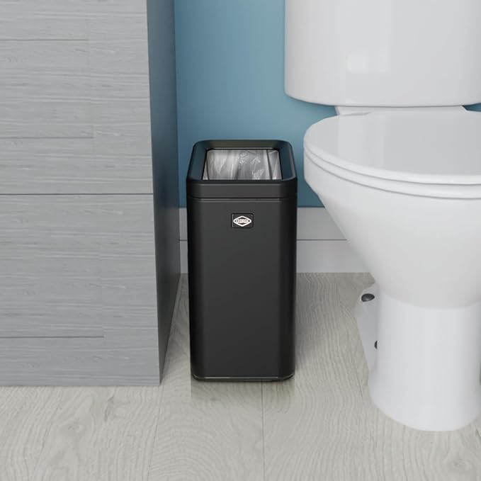 CLOROX Slim Open Trash Can - 2.6 Gallon (10 Liter) Small Metal Waste Basket with Removable Bucket for Narrow Spaces - Stainless Steel Garbage Bin for Bathroom, Bedroom, or Office, Black