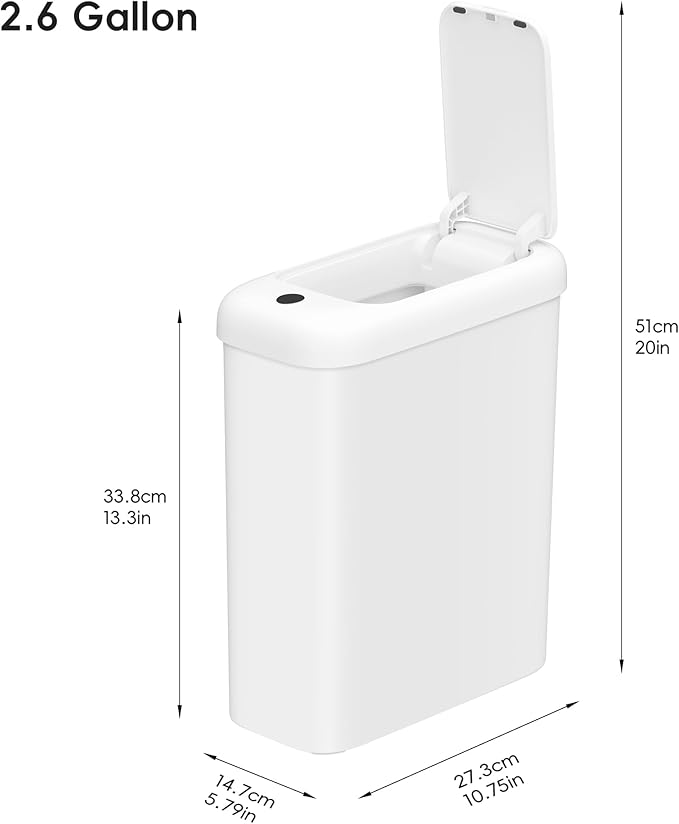 EKO Automatic Bathroom Trash Can with Lid, 2.6 Gallon Slim Touchless Garbage Can, Waterproof Motion Sensor Trash Bin for Bathroom, Office, Kitchen, White