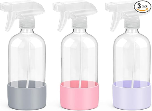 Glass Spray Bottles with Silicone Sleeve Protection, Empty 16 oz Refillable Containers, Reusable Spray Bottles for Hair, Cleaning Solutions, 3 Pack Grey&Pink&Purple