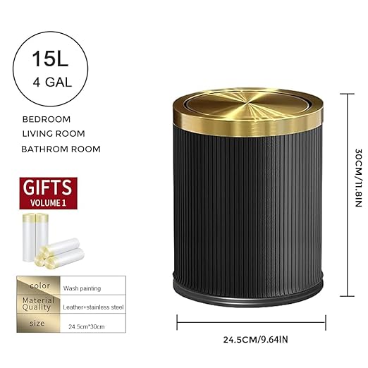 15L/4GAL Black Bathroom Trash can,Gold Bathroom Garbage can with lid，Small Trash Can with Flipping Lid, Garbage cans for Bedroom, Kitchen，Living Room.(15L-Black)