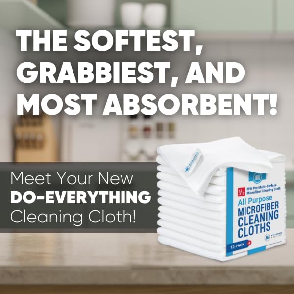 12" x 12" MW Pro Multi-Surface Microfiber Cleaning Cloths | White - 12 Pack | Premium Microfiber Towels for Cleaning Glass, Kitchens, Bathrooms, Automotive, Supplies & Products