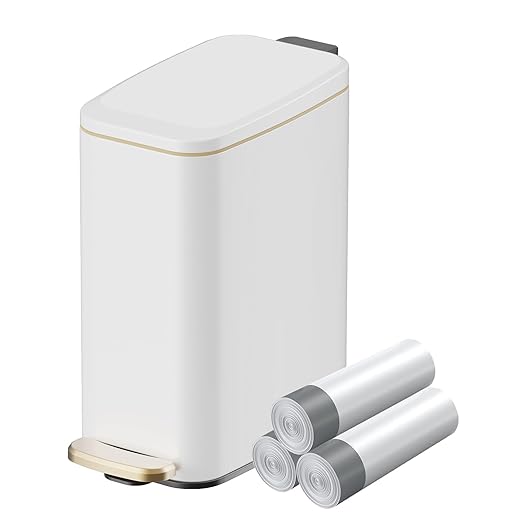 KUK Slim Bathroom Trash Can with Lid, 1.6 Gal / 6L Stainless Steel Small Garbage Bin with Detachable Inner Bucket, Step Pedal, Silent Close, Wastebasket for Toilet, Bedroom, Home, Office (White)