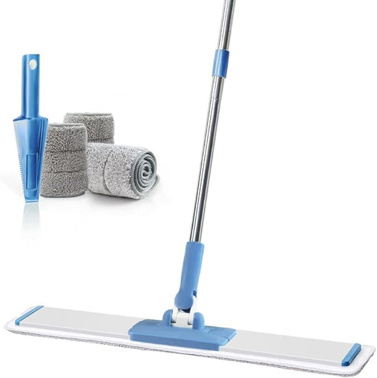CQT Commercial Flat Microfiber Floor Mop Cleaning System 24" Inch Wet Dry and Dust Hardwood with 4 Washable Pads Cleaner for Laminate Tile Stainless Steel Handle and Extension (Blue)