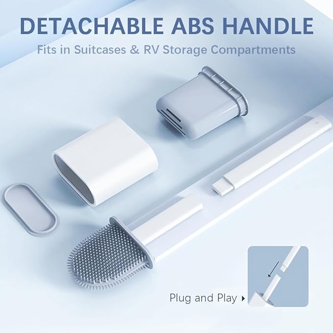 RV Silicone Toilet Brush with TPR Bristles & Detachable ABS Handle Set, Landing & Wall Mountable Toilet Bowl Brush for Space-Saving RV Bathrooms Flexible 360°Deep Cleaners Brushes (Gray)