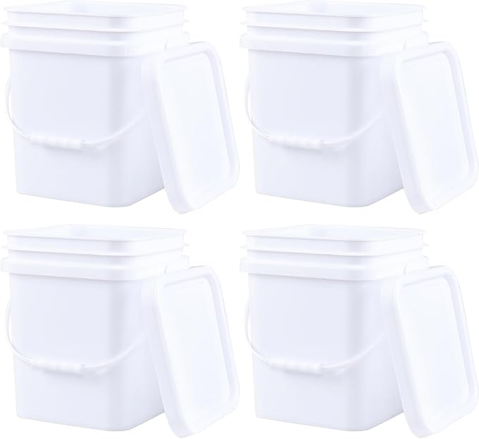 Plastic Bucket with Airtight Lid/Comfortable Handle, Heavy Duty White Pails Buckets for Storage (5 Gallon, 4 Pack)