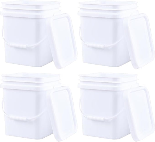 Plastic Bucket with Airtight Lid/Comfortable Handle, Heavy Duty White Pails Buckets for Storage (5 Gallon, 4 Pack)