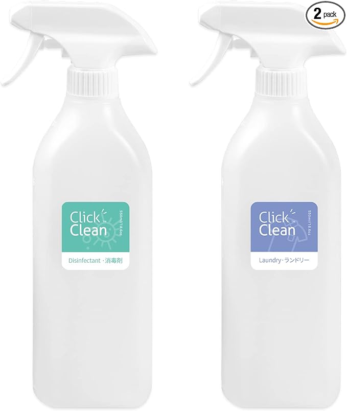 CLICK CLEAN Plastic Spray Bottles, 10 Free Labels Included, Pack of 2 Empty 18.6 oz Spray Bottles with Adjustable Nozzle and Sizes for Cleaning Solutions, Plant Watering, Pet Training and More