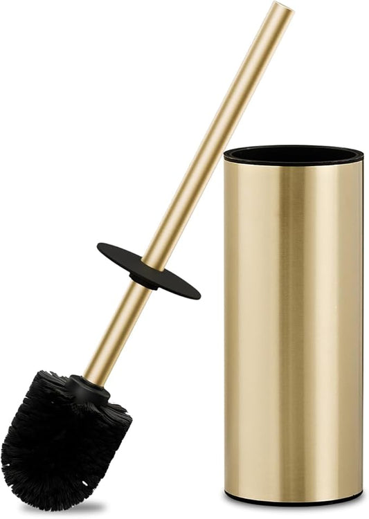 304 Stainless Steel Toilet Bowl Brush and Holder Set, Circular Floor Toilet Brush Holder, Long Handle, Bathroom Heavy-Duty Cleaner, High-End Cylinder Wall,2 Brush Head (Brushed Gold) YIGUANXIN