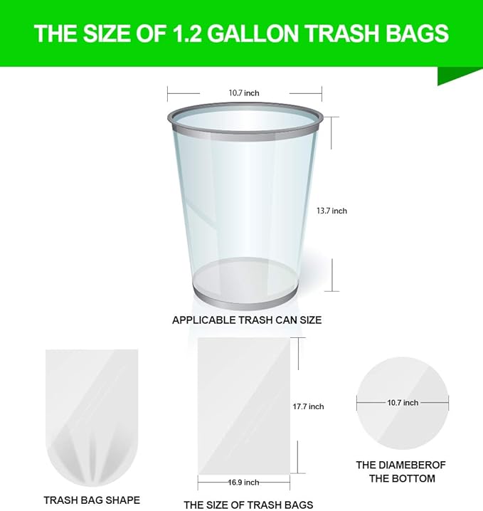 FORID 1.2 Gallon Garbage Bags, 220 Count, Small, Clear –Wastebasket Bin Liners for Bathroom, Bedroom, Office, Garbage Can - Durable & Thick Trash Bag
