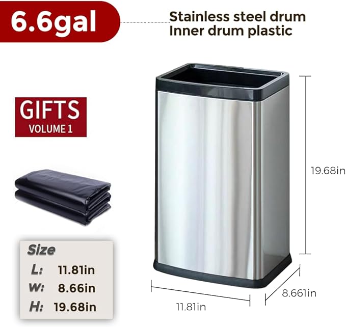 25L/6GALSquare Silver Garbage Can,Tall Kitchen Garbage Can,Silver Tall Trash can for Bathroom,Tall Stainless Steel dusbin for Commercial,Detached House