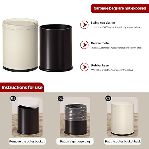 3.1GAL Metal Bathroom Garbage Can with Lid, Modern Garbage Can, Swing Lid,Double Bucket,Small Wastebasket for Bedroom,Living Room,Office,Bank,Hotel