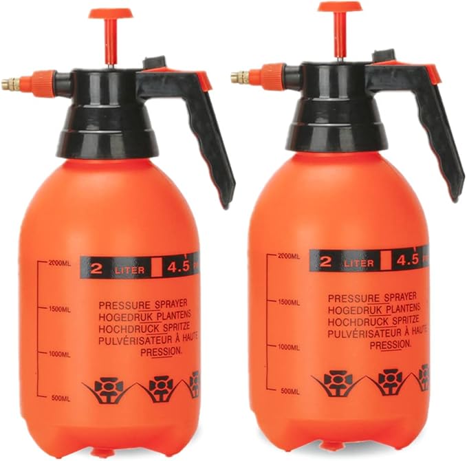 2 Pack Pump sprayers in Lawn and Garden, 2L Handheld Garden Pump Sprayer 0.5 Gallon Water Mist Spray Bottle for Plants, Weed Sprayer with Adjustable Brass Nozzle (2L Orange)