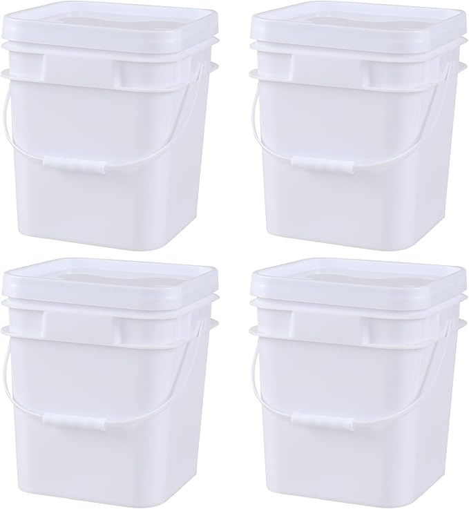 3 Gallon Plastic Square Storage Bucket, 4 Packs Food Grade Buckets with Lid, Utility Pail, White