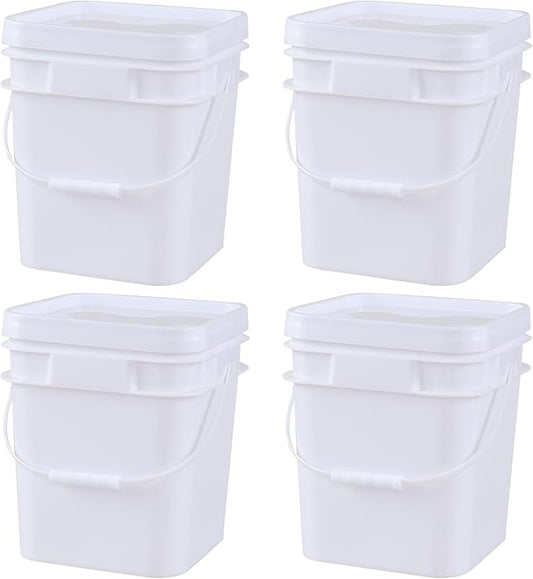 3 Gallon Plastic Square Storage Bucket, 4 Packs Food Grade Buckets with Lid, Utility Pail, White
