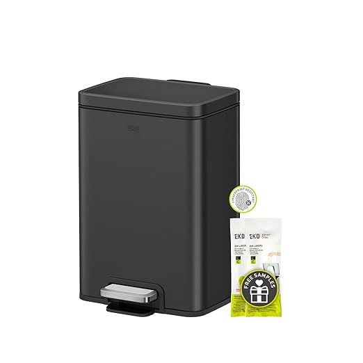 EKO Madison Matte Black 12L / 3.2 Gal Bathroom Trash Can with Lid and Removable Inner Basket, Rectangular Small Step Trash Can