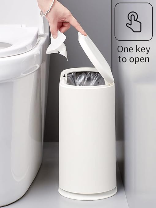 White Slim Rectangular Plastic Trash Can with Press Type Lid,12 Liter / 3.2 Gallon Narrow Trash Bin with Pop-up Lid for Toilet,Bedroom,Bathroom,Office,Kitchen,Powder Room