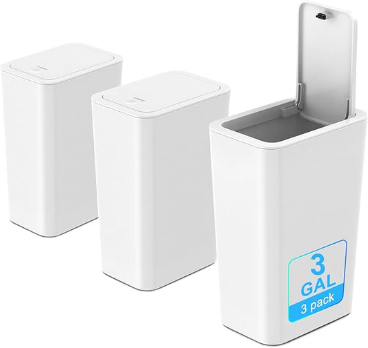 N. NETDOT 3 Pack 3 Gallon Small Trash Can with Lid, Bathroom Garbage Can with Pop-Up Lid, Waste Basket for Bathroom, Kitchen, Bedroom, Powder Room, Craft Room, Office, College (Off White)