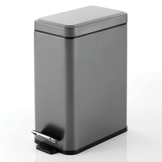 mDesign Pedal Bin — Waste Bin with Pedal, Lid and Plastic Bucket Insert for Bathroom, Kitchen, and Office — Metal Household Rubbish Bin with Ergonomic Design — Dark Grey