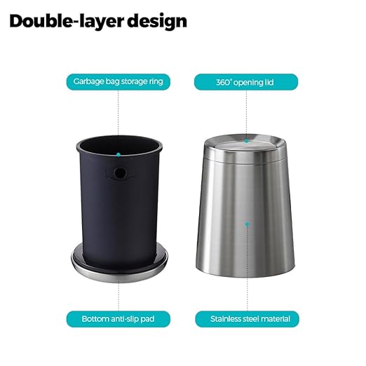 10L / 2.6Gal Small Stainless Steel Sliver Trash Can,Metal Bathroom Garbage can with Lid,Modern Home Décor Wastebasket with Flipping Lid, Garbage Can for Kitchen,Bathroom,Living Room(Silver),