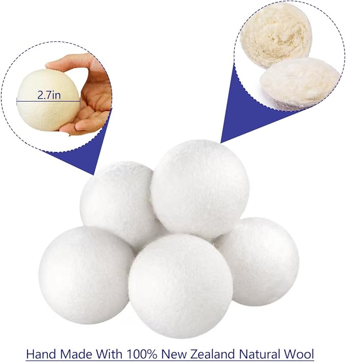 Organic Wool Dryer Balls XL，Reusable, Premium Natural Fabric Softener，Safe for Babies & Sensitive Skin, Reduces Clothing Wrinkles and Naturally Shorten Laundry Drying Time,Wool Balls for Dryer(6psck)