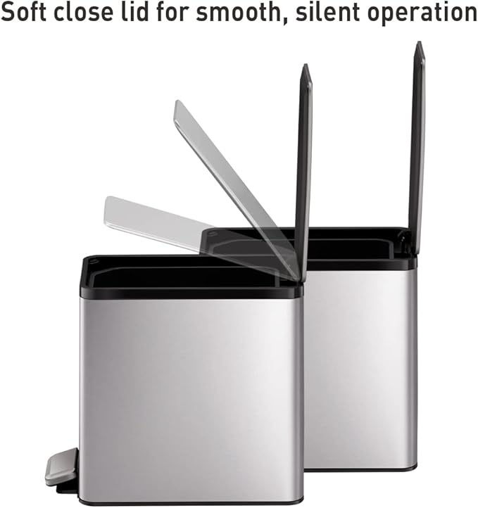 EKO Slim Small Bathroom Trash Can with Lid, Stainless Steel Kitchen Garbage Can with Removable Inner Bucket, 6L / 1.6 Gal 2 Pack Step On Trash Can Combo