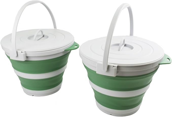 SAMMART Set of 2-10L (2.64Gallon) Collapsible Fishing Bucket Locking Lid, 31cm Dia. (2, Grey/Dark Sea Green)