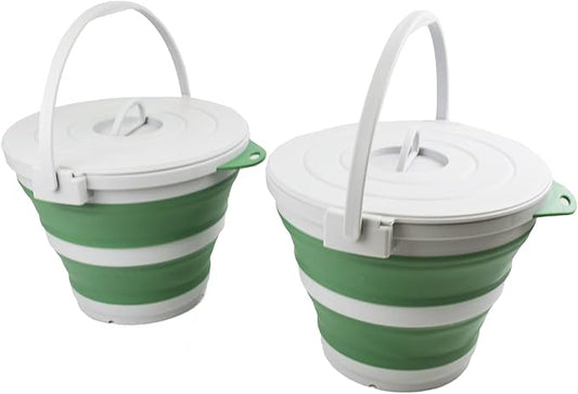 SAMMART Set of 2-10L (2.64Gallon) Collapsible Fishing Bucket Locking Lid, 31cm Dia. (2, Grey/Dark Sea Green)