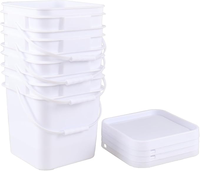 4 Pack Food Plastic Utility Pail with Lid and Handle, 3 Gallon Square Buckets for Storage Food, White