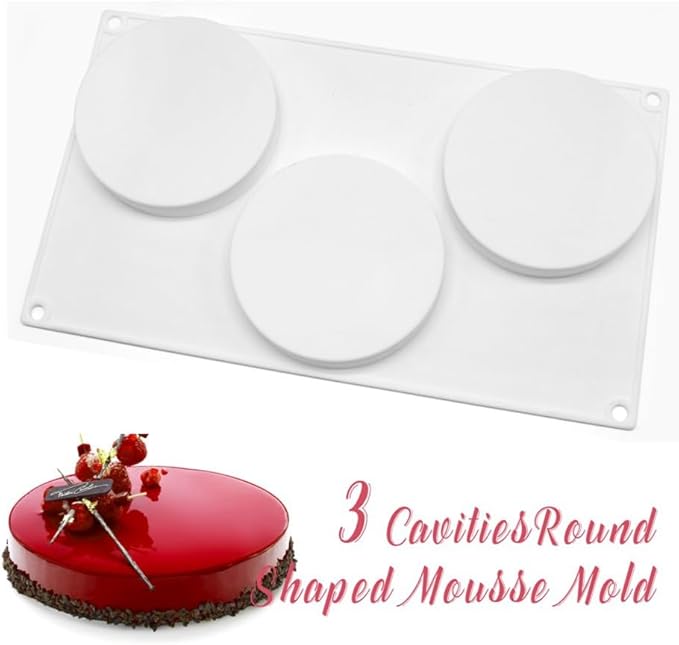 3 Holes Round Silicone Mold Cake Pastry Baking Molds Jelly Pudding Soap Form Ice Cake Decoration Tool Disc Bread Biscuit Mould (Round F_11.84 X6.84 X0.8 inch)