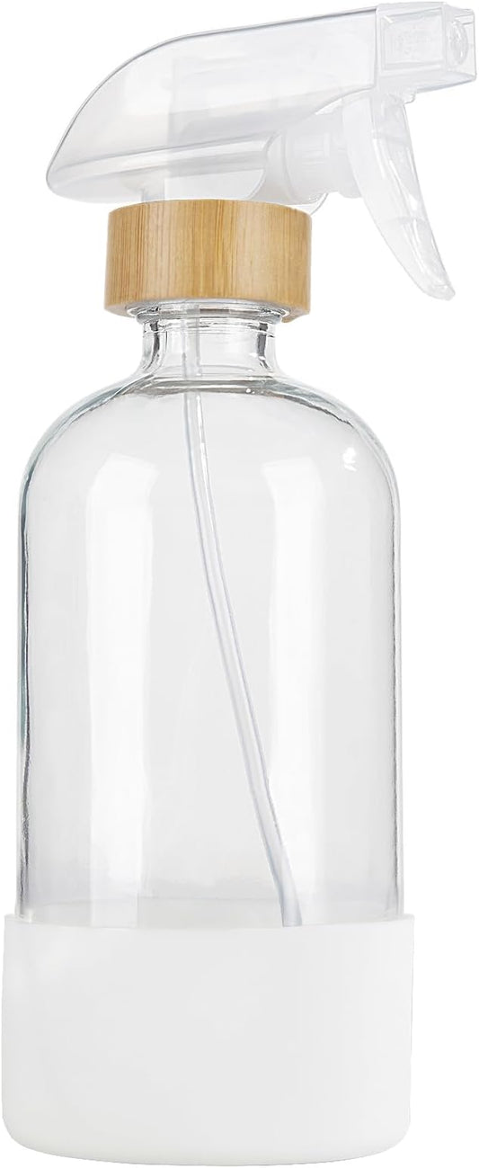 HOMBYS Empty Bamboo Glass Spray Bottles with Silicone Sleeve Protection - Refillable 17 oz Clear Glass Containers for Cleaning Solutions, Essential Oils, Misting Plants - Quality Sprayer - 1 PCS