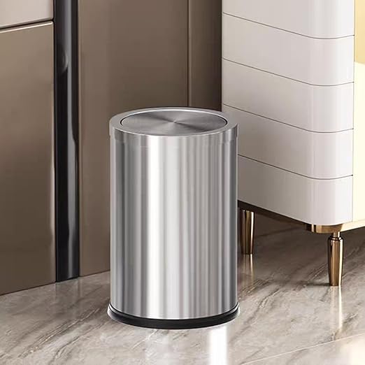 9L/2.4gallon Gold Bathroom Trash Can with Lid, Small Sliver Garbage Can, Single Layer Brushed Stainless Steel Swing Lid Trash Can for Bathroom, Toilet, Bedroom, Office, Living Room (Sliver)