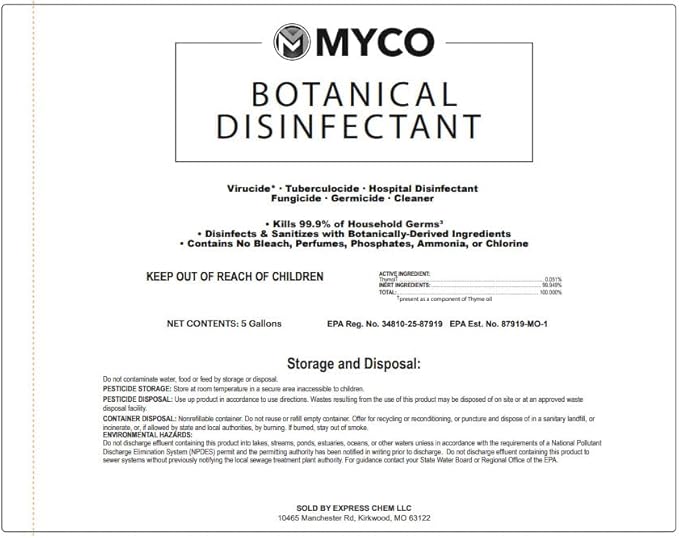 Myco Botanical Disinfectant Cleaner – Natural Plant-Based Ready-to-Use EPA-Registered Disinfectant Spray for Mold, Mildew, Germs, Bacteria & Viruses – Safe for Home & Commercial Use, 5 Gallon