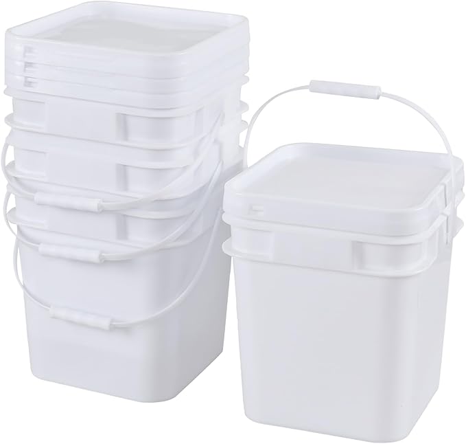 3 Gallon Plastic Bucket with Lid, 4-Pack Square Bucket Pail Food Grade, White