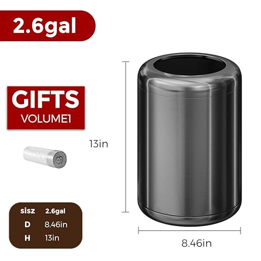 10L/2.6Gal Brushed Stainless Steel Trash can,Open Top Wastebasket Bin,Garbage Can for Bathroom,Living Room,Office,Kitchen,Bedroom,Hotel (Black Gold)