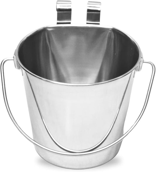 2 Quart Stainless Steel Flat Sided Bucket with Dual Hooks | Durable Food & Water Bowl for Dog Cat Bird & Small Animals | Fits kennel Cage Critter Crate Hanging Pet Pail | Multipurpose use