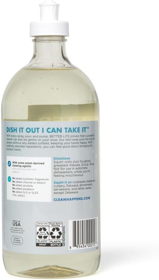 Better Life Liquid Dishwashing Soap for Home & Kitchen Sink - No Gloves Required Kitchen Soap for Sensitive Skin, Unscented, 22 Fl Oz