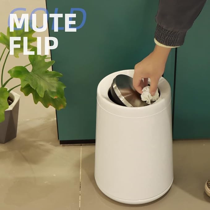 Household Swing White Bathroom Trash Can，Brushed Stainless Steel，10 L/3 Gallen，Garbage Can with Flipping Lid， for Indoor or Commercial Use, Kitchen,Modern，Living Room,Bedroom