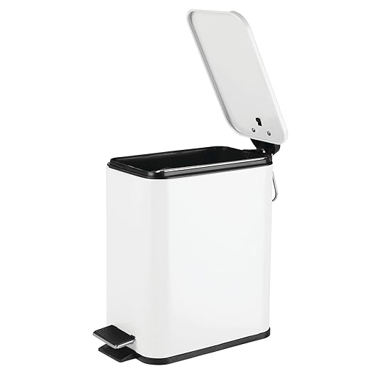 mDesign Slim Metal Rectangle 1.3 Gallon/5 Liter Trash Can with Step Pedal, Easy-Close Lid, Removable Liner - Narrow Wastebasket Garbage Container Bin for Bathroom, Bedroom, Kitchen - Matte White