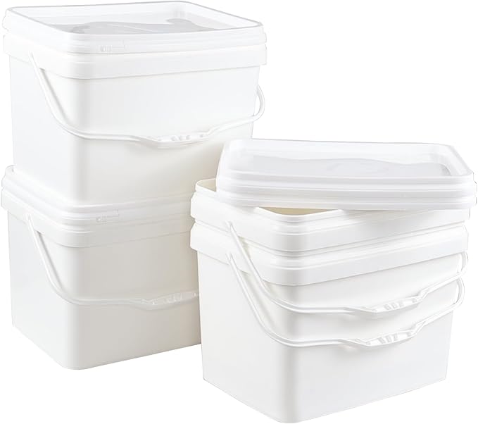 Kekow 5 Gallon White Square Food Plastic Bucket with Lid, 4 Pcs Utility Plastic Rectangular Bucket Pail with Lid and Handle
