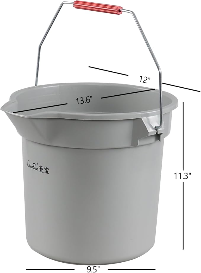 6-Pack 14 Quart Plastic Pail with Handle, Heavy Duty Cleaning Bucket, Grey