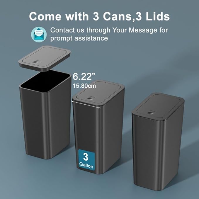 N. NETDOT 3 Pack 3 Gallon Small Trash Can with Lid, Bathroom Garbage Can with Pop-Up Lid, Waste Basket for Bathroom, Kitchen, Bedroom, Powder Room, Craft Room, Office, College (Black)