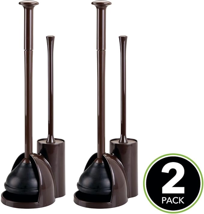 mDesign Hidden Plunger and Brush Set for Toilet Bowl - Brush Cleaner and Plunger Combo with Holder Caddy for Bathroom - Modern Toilet Brush and Plunger Set - Aura Collection - 2 Pack - Dark Brown