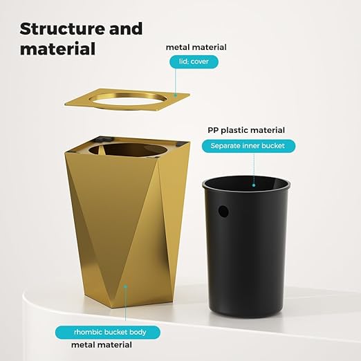 2.64 Gallon Metal Trash Can, Creative Diamond-Shaped Garbage Can, Simple High-Grade Waste Basket, for Home Bathroom Office. (10L Gold Diamond)