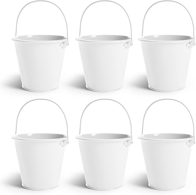 Small Metal Buckets with Handle 6 Pcs – Galvanized Bucket Leak Proof & Rust Resistant 48 fl oz Capacity - Best for Party Décor, Organizing & Decorating Classrooms (Large 6.3" Top, White)