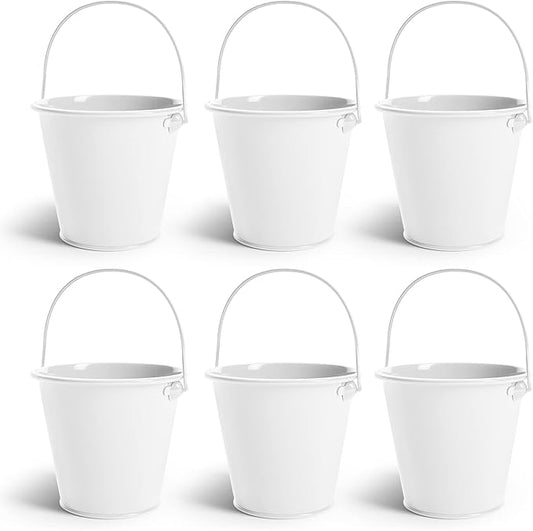 Small Metal Buckets with Handle 6 Pcs – Galvanized Bucket Leak Proof & Rust Resistant 48 fl oz Capacity - Best for Party Décor, Organizing & Decorating Classrooms (Large 6.3" Top, White)