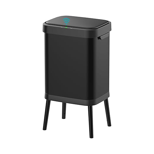 10.5 Gal Stainless Steel Touchless Sensor Trash Can with, Wide Rectangular Design, Brushed Finish – Automatic Lid, Raised Legs (Black)