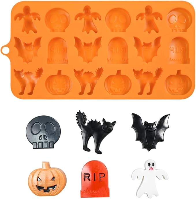 mostsom Chocolate Mold Halloween Silicone Chocolate Molds Pumpkin Bat Skull Ghost Spider Shape Baking Molds for Jelly Soap Fondant Candy Pastry Cake Decorating (H_9x4.6x0.52 inch)