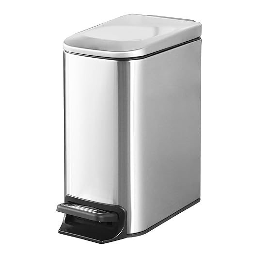 ELPHECO Small Bathroom Trash Can with Lid Soft Close 1.8 Gallon / 6.8 Liter Stainless Steel Garbage Can Slim Step Wastebasket for Bathroom, Office, Bedroom, Silver